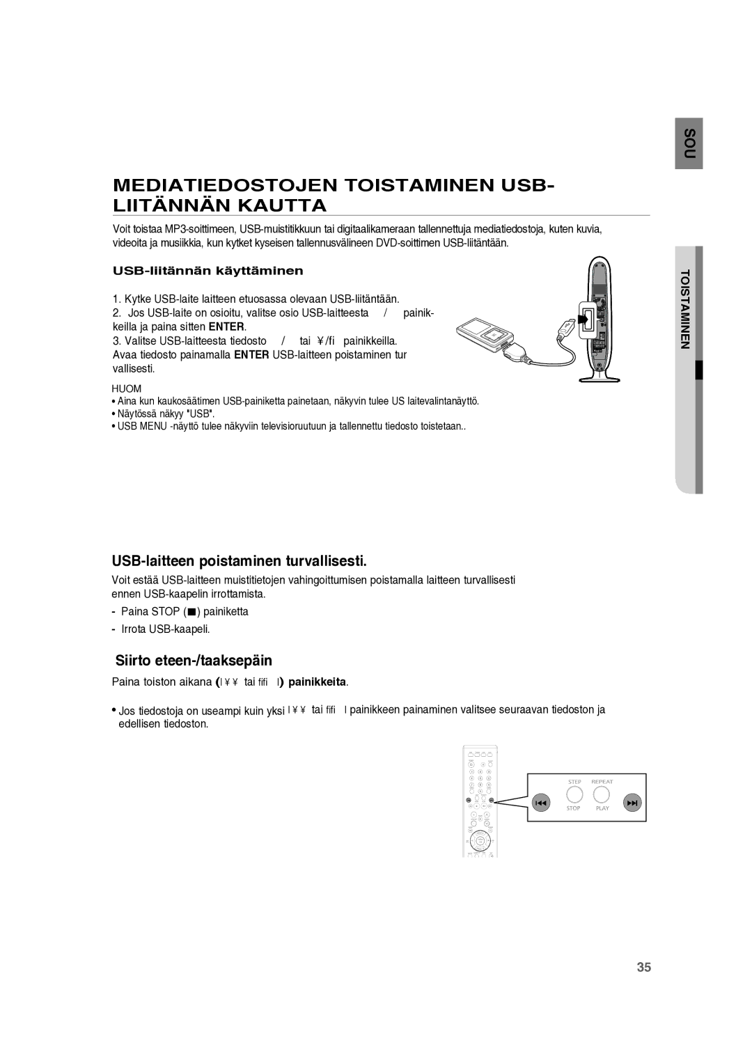 Samsung RTS-HE10T/XEE manual Mediatiedostojen Toistaminen USB- Liitännän Kautta, USB-laitteen poistaminen turvallisesti 