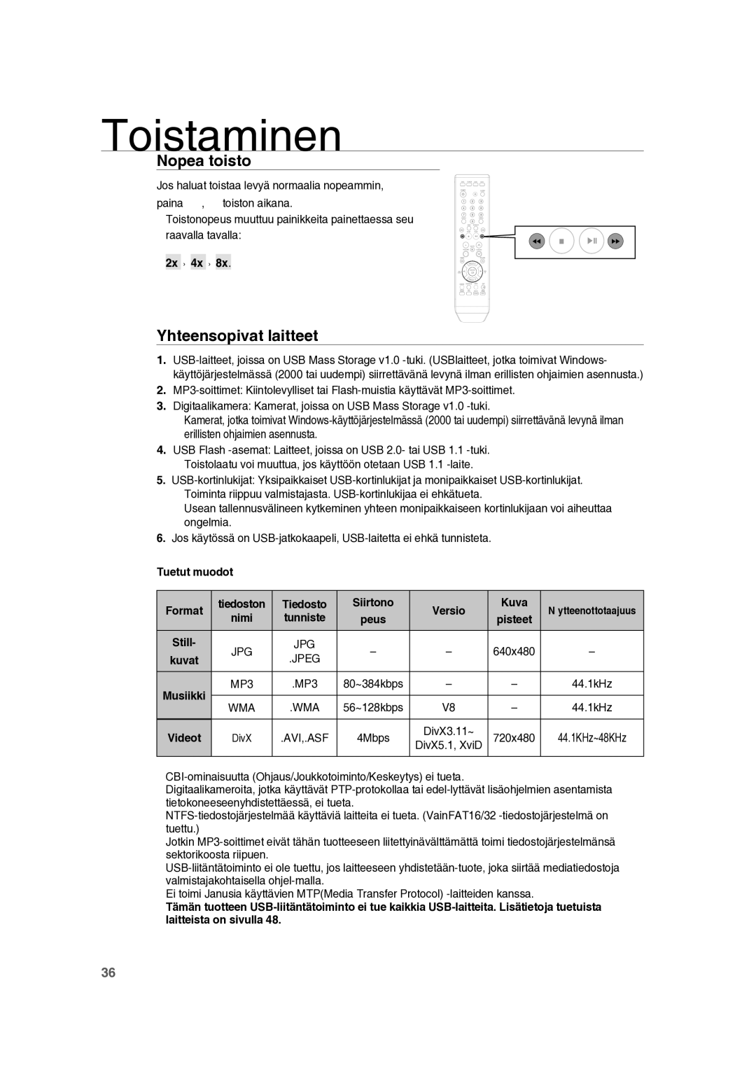 Samsung RTS-HE10T/XEE manual Yhteensopivat laitteet, Tuetut muodot Format Tiedoston Siirtono Versio Kuva 