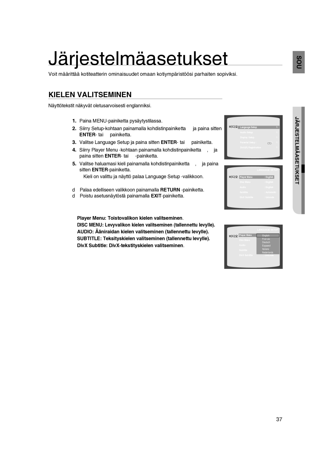 Samsung RTS-HE10T/XEE manual Järjestelmäasetukset, Kielen Valitseminen 