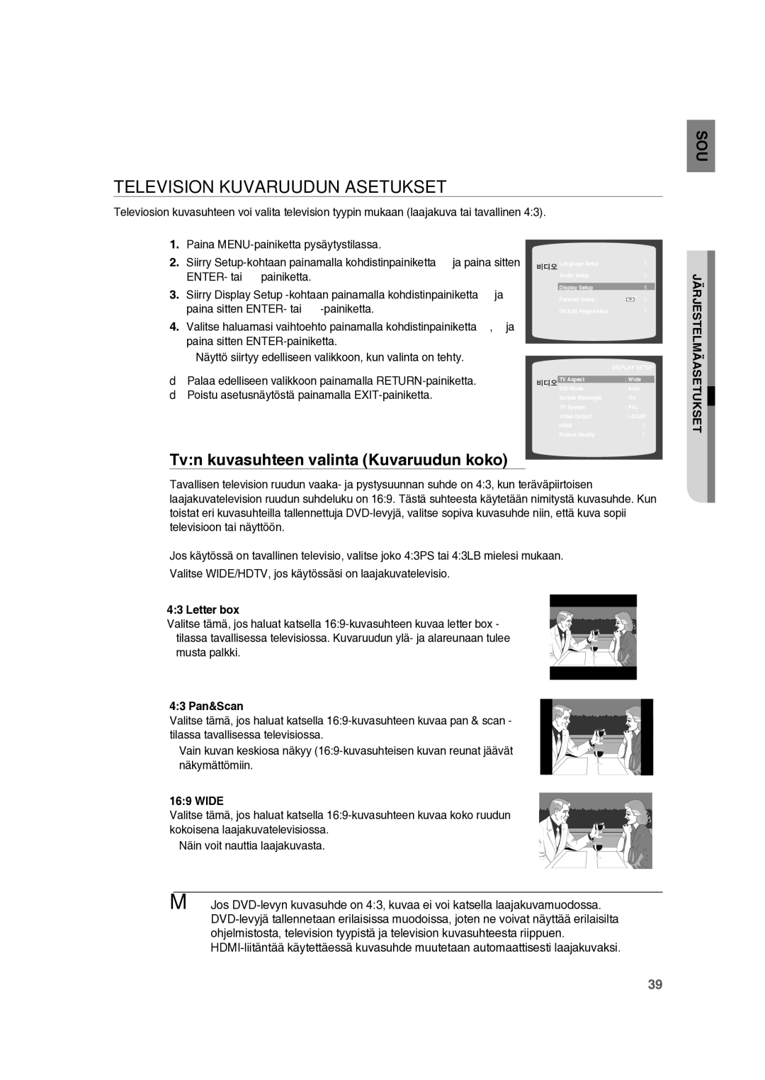 Samsung RTS-HE10T/XEE manual Television Kuvaruudun Asetukset, Tvn kuvasuhteen valinta Kuvaruudun koko 