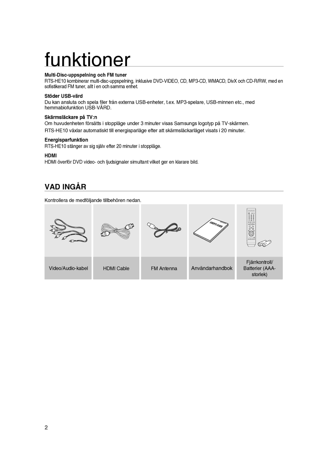 Samsung RTS-HE10T/XEE manual Funktioner, VAD Ingår, Hdmi 