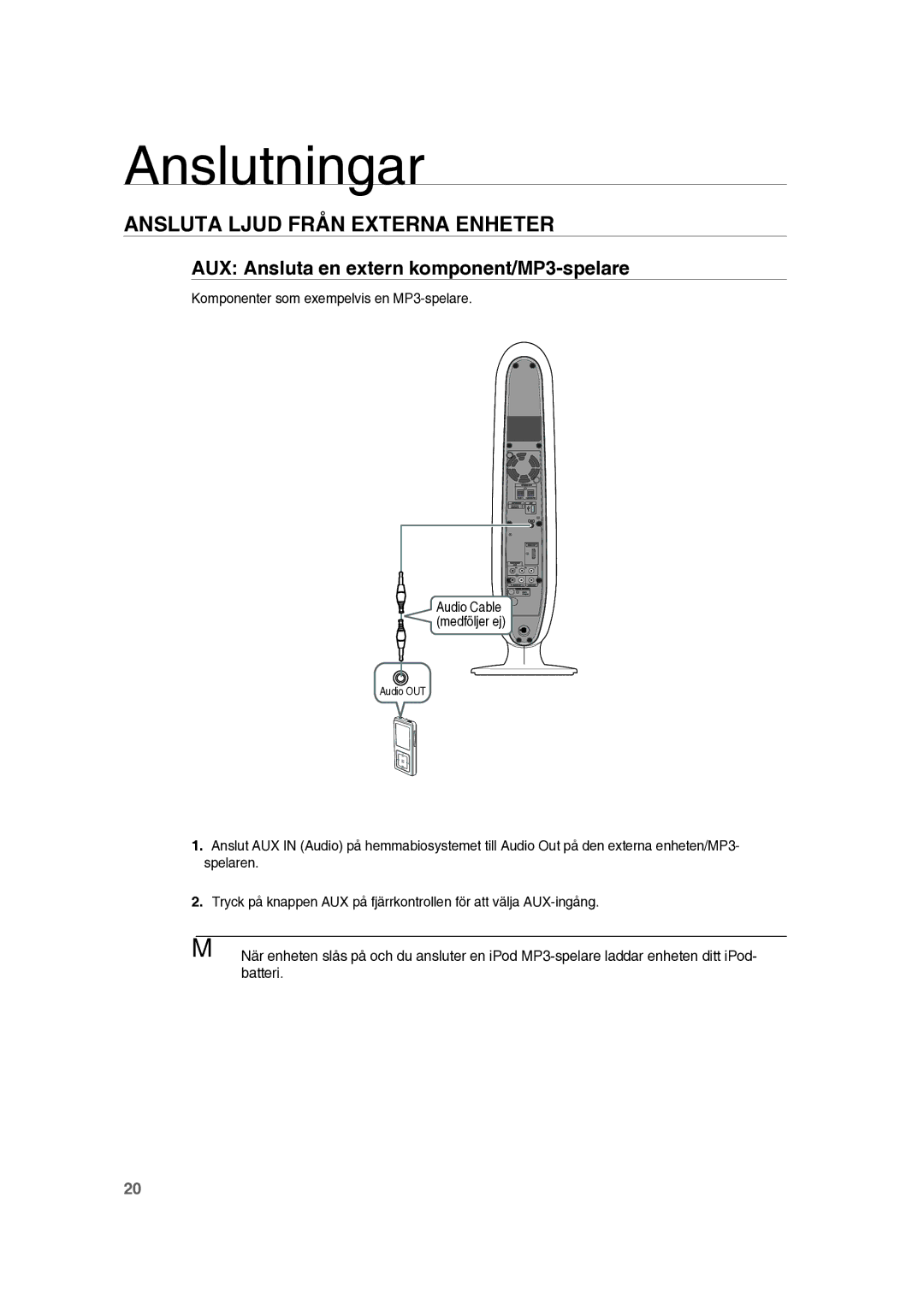 Samsung RTS-HE10T/XEE manual Ansluta Ljud Från Externa Enheter, AUX Ansluta en extern komponent/MP3-spelare 