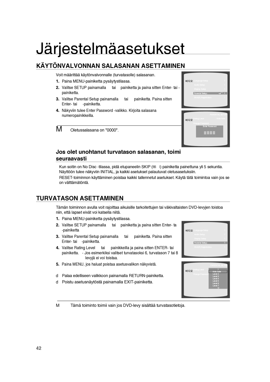 Samsung RTS-HE10T/XEE manual Käytönvalvonnan Salasanan Asettaminen, Turvatason Asettaminen 