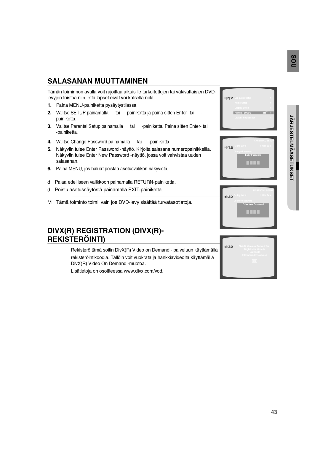 Samsung RTS-HE10T/XEE manual Salasanan Muuttaminen, Divxr Registration Divxr Rekisteröinti 