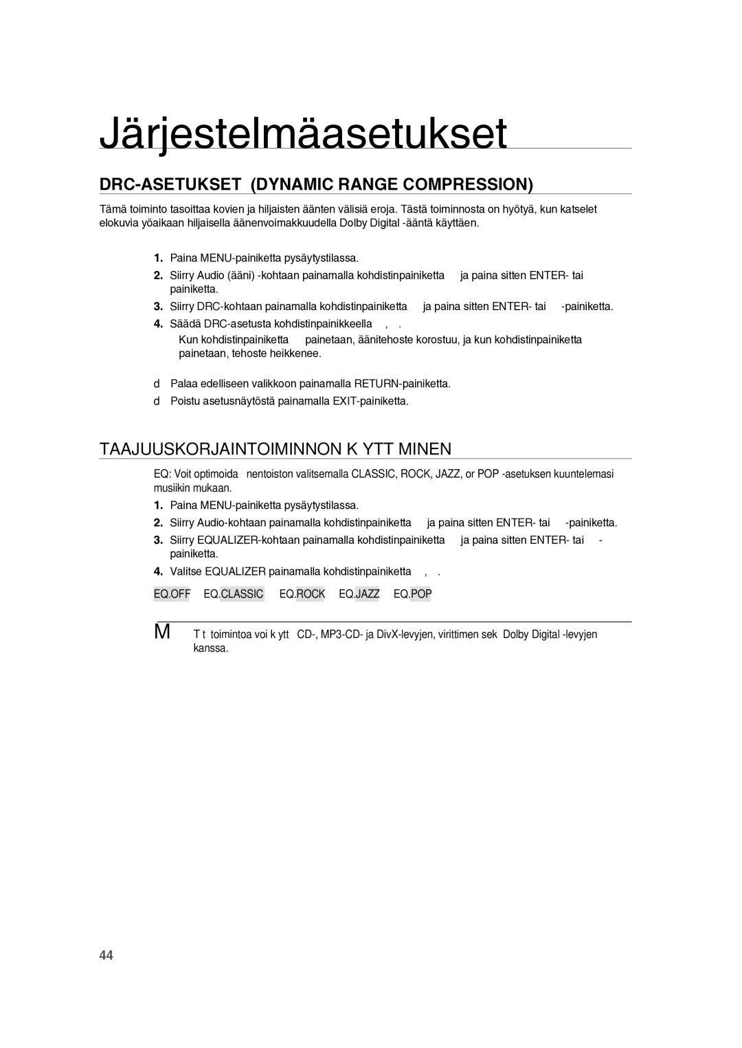 Samsung RTS-HE10T/XEE manual DRC-ASETUKSET Dynamic Range Compression, Taajuuskorjaintoiminnon Käyttäminen 