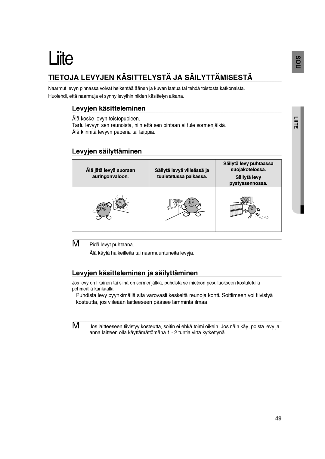 Samsung RTS-HE10T/XEE Liite, Tietoja Levyjen Käsittelystä JA Säilyttämisestä, Levyjen käsitteleminen ja säilyttäminen 