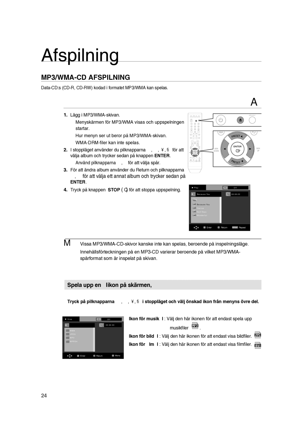 Samsung RTS-HE10T/XEE manual MP3/WMA-CD Afspilning, Enter 