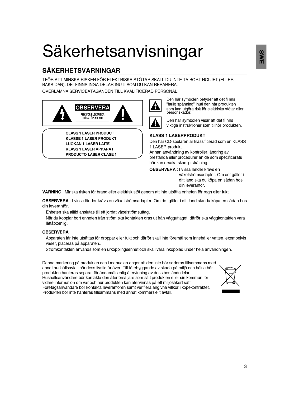 Samsung RTS-HE10T/XEE manual Säkerhetsanvisningar, Säkerhetsvarningar, Swe, Klass 1 Laserprodukt, Observera 