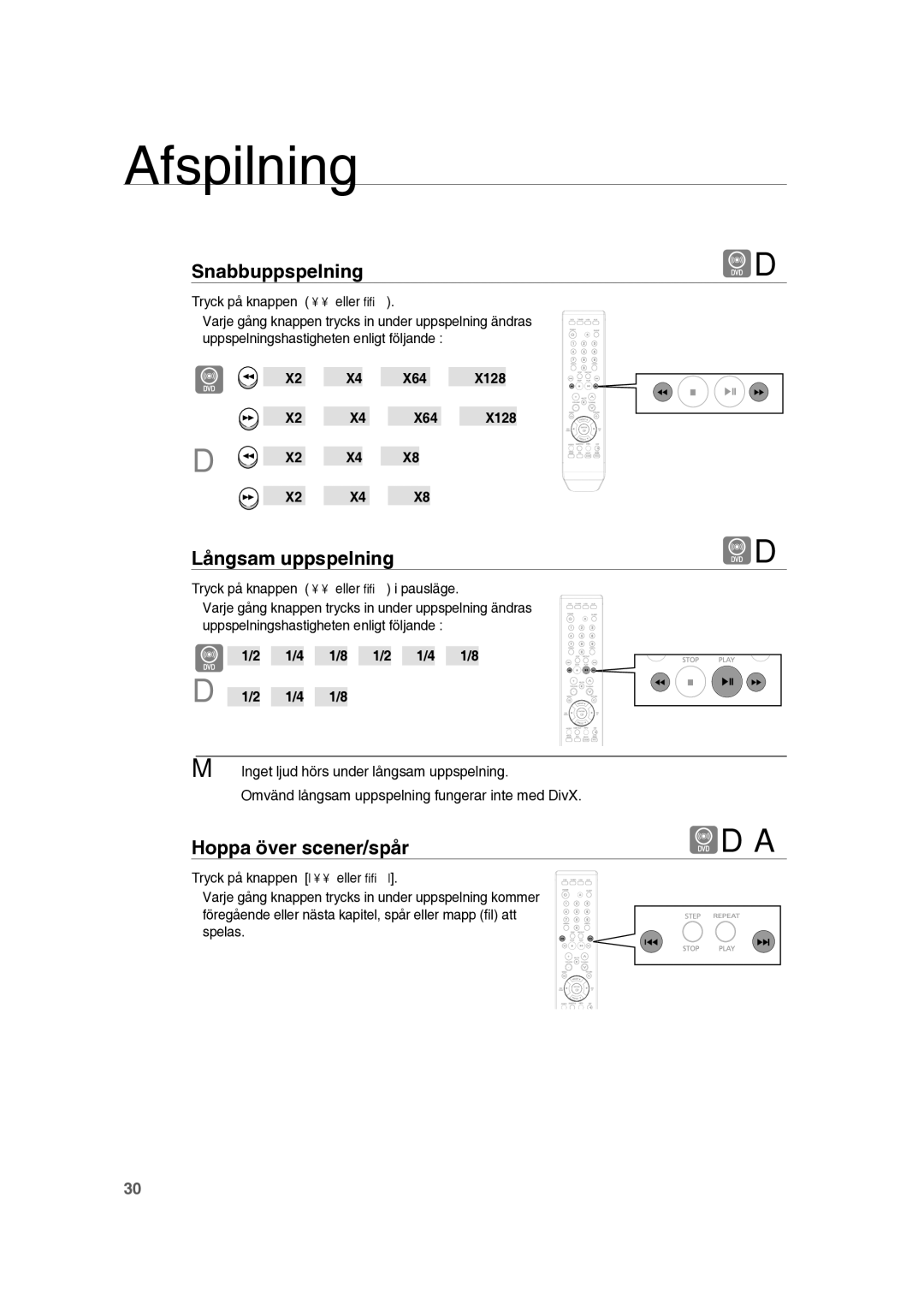 Samsung RTS-HE10T/XEE manual Långsam uppspelning, Hoppa över scener/spår,  X2  X4  X64   X2  X4  X64  