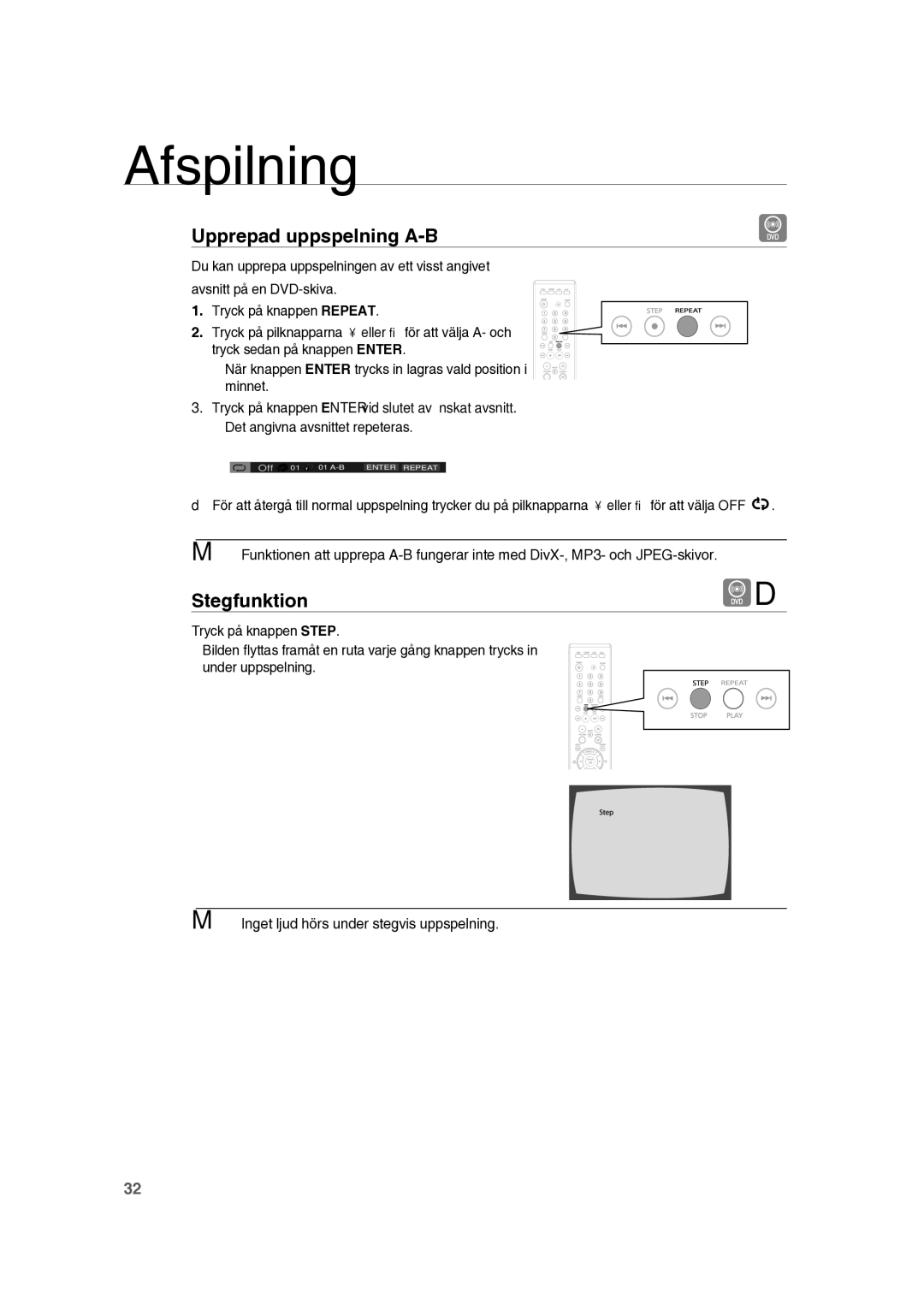 Samsung RTS-HE10T/XEE manual Upprepad uppspelning A-B, Stegfunktion 