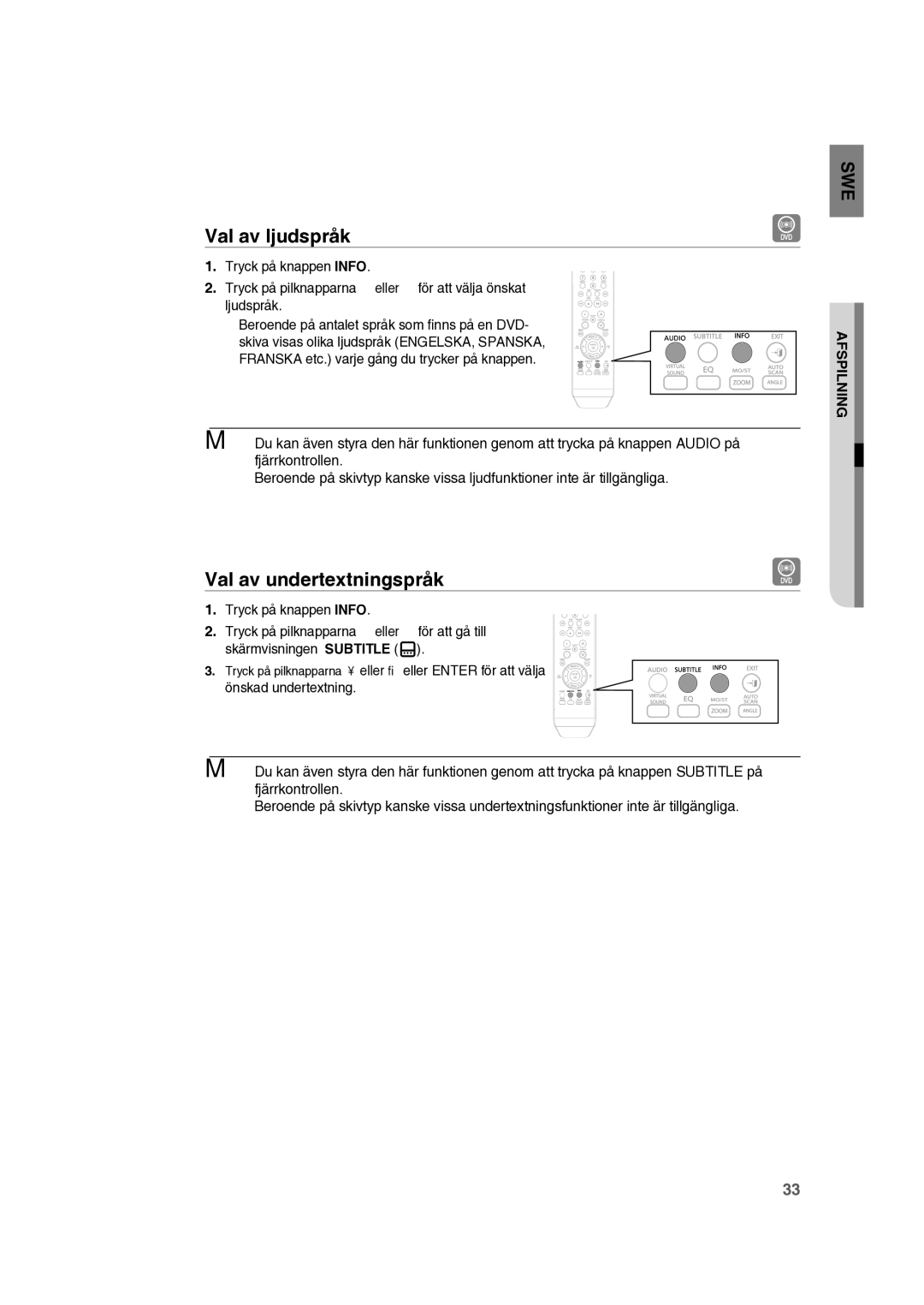 Samsung RTS-HE10T/XEE manual Val av ljudspråk, Val av undertextningspråk 