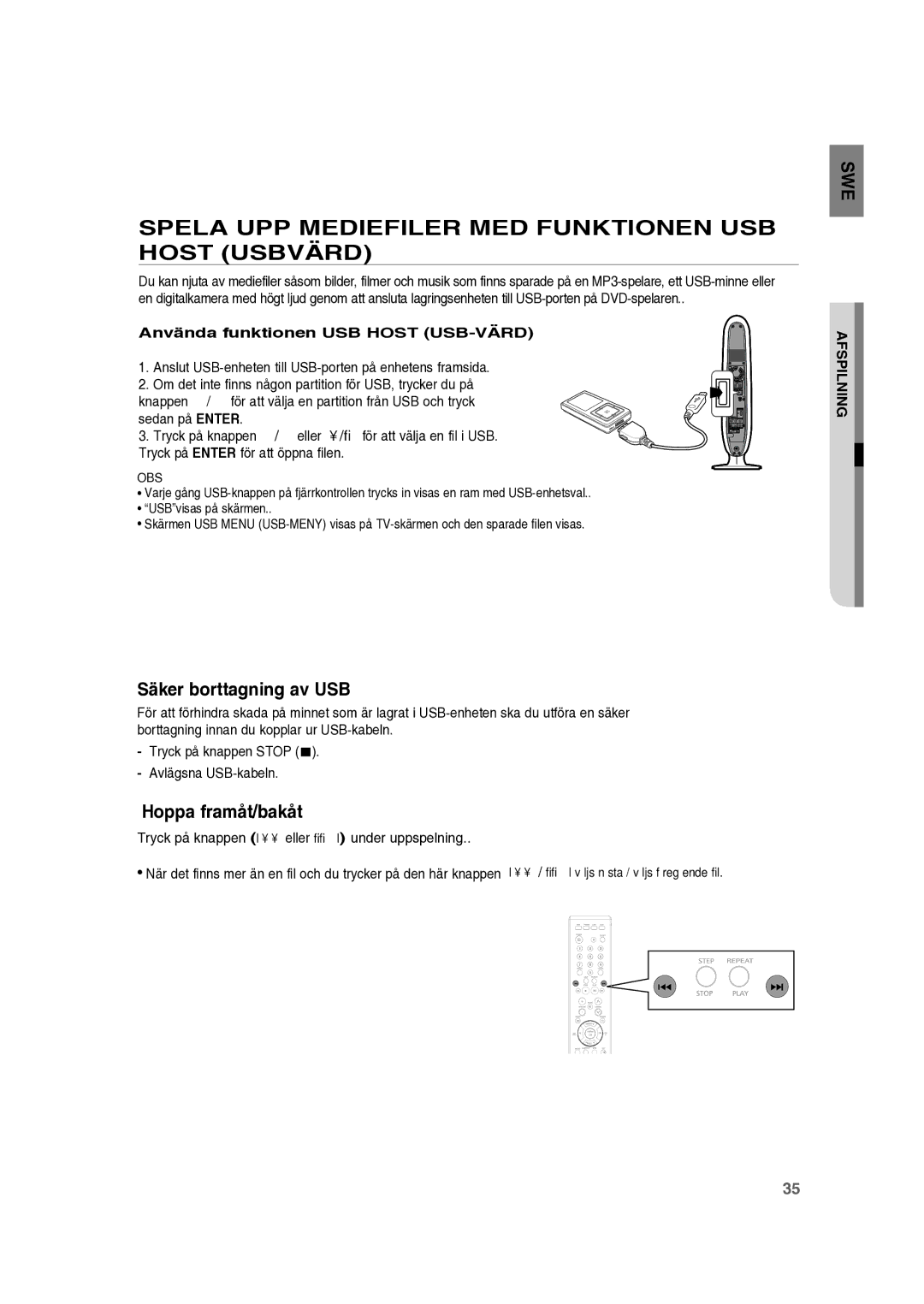 Samsung RTS-HE10T/XEE manual Spela UPP Mediefiler MED Funktionen USB Host Usbvärd, Säker borttagning av USB 