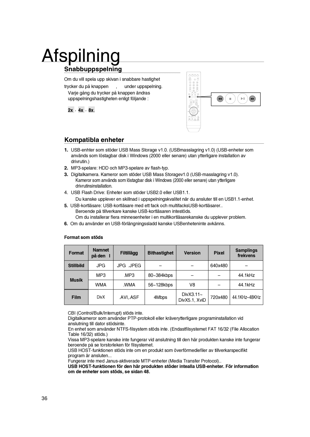 Samsung RTS-HE10T/XEE manual Kompatibla enheter, 2x 4x, DivX3.11~ 