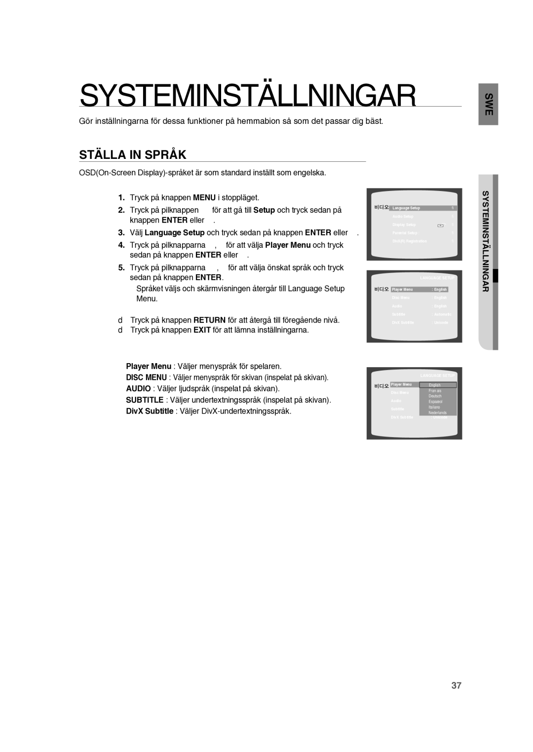 Samsung RTS-HE10T/XEE manual Ställa in Språk, Systeminställningar 