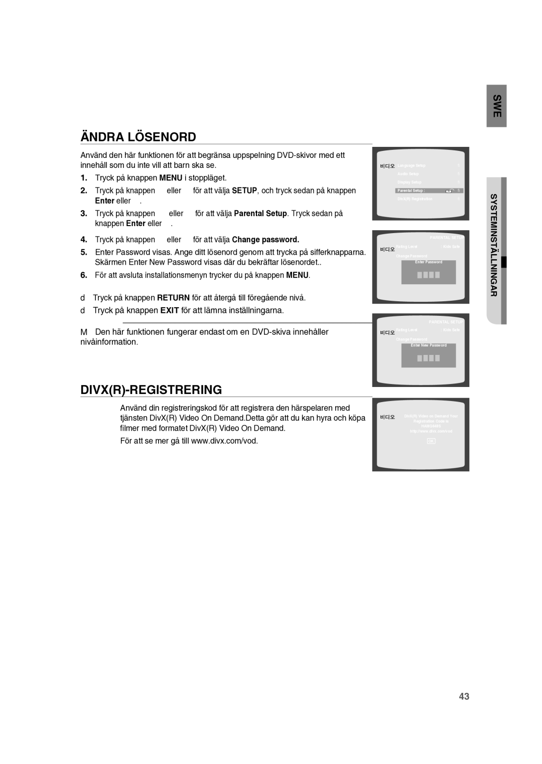 Samsung RTS-HE10T/XEE manual Ändra Lösenord, Divxr-Registrering 