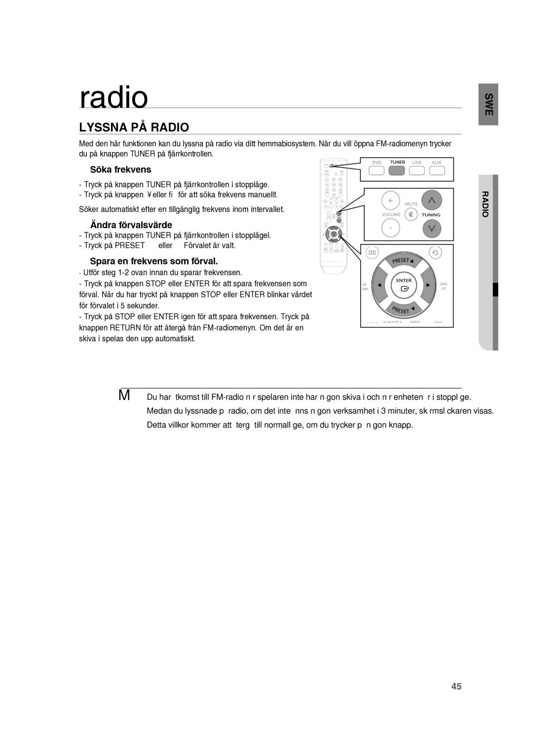 Samsung RTS-HE10T/XEE manual Lyssna PÅ Radio, Söka frekvens, Ändra förvalsvärde, Spara en frekvens som förval 