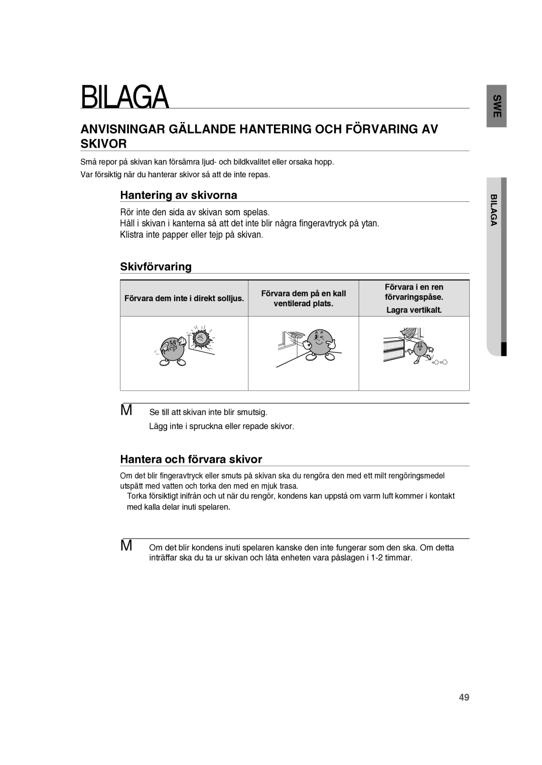 Samsung RTS-HE10T/XEE Anvisningar Gällande Hantering OCH Förvaring AV Skivor, Hantering av skivorna, Skivförvaring, Bilaga 