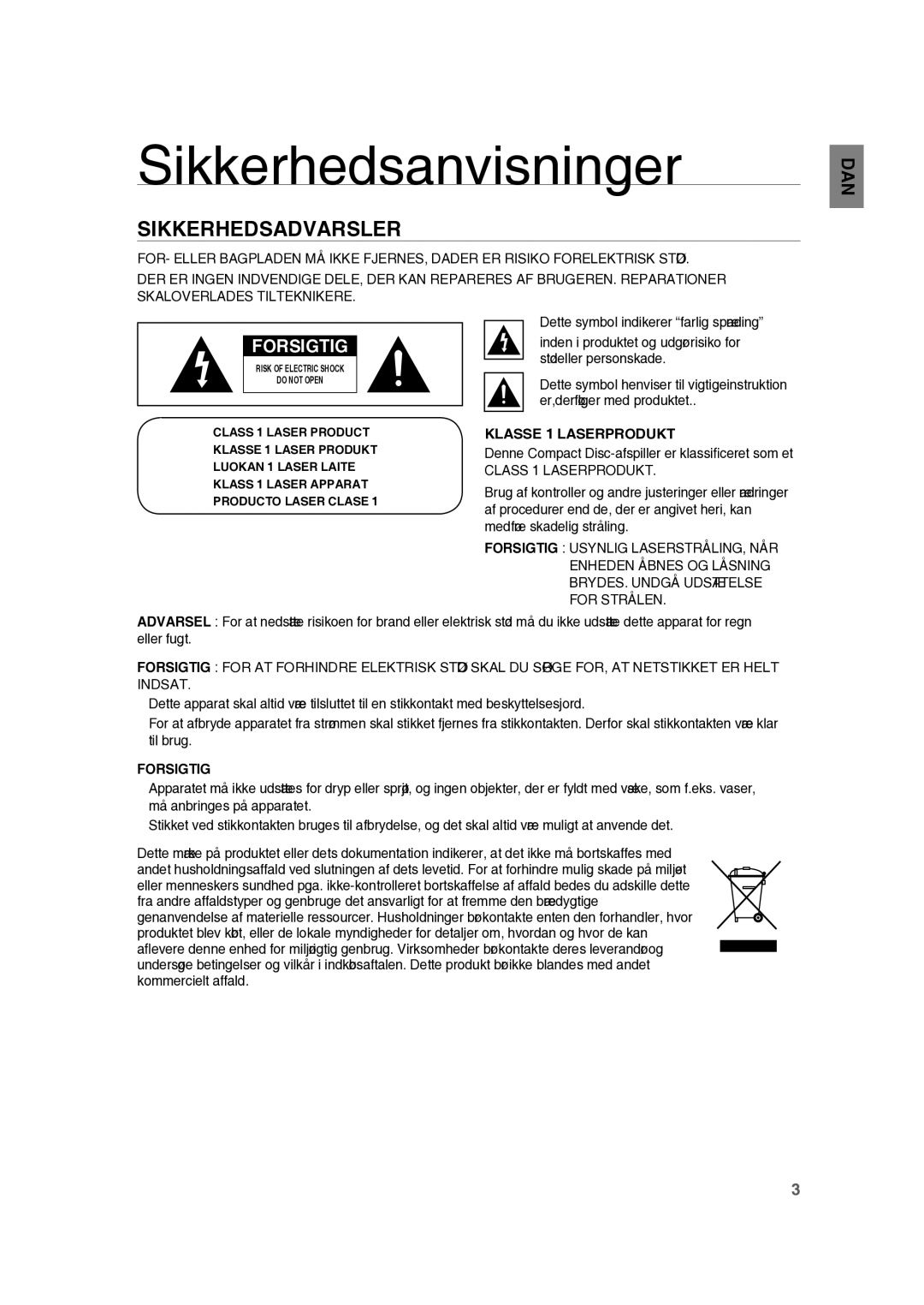 Samsung RTS-HE10T/XEE manual Sikkerhedsanvisninger, Sikkerhedsadvarsler, Klasse 1 Laserprodukt, Forsigtig 