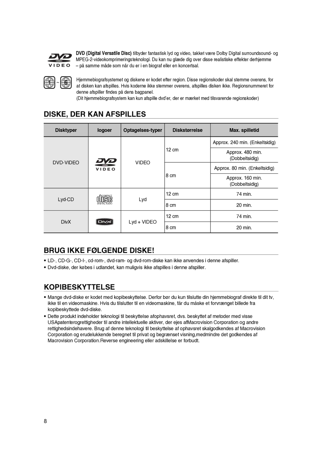 Samsung RTS-HE10T/XEE manual DISKE, DER KAN Afspilles, Brug Ikke Følgende Diske, Kopibeskyttelse, Logoer, Diskstørrelse 