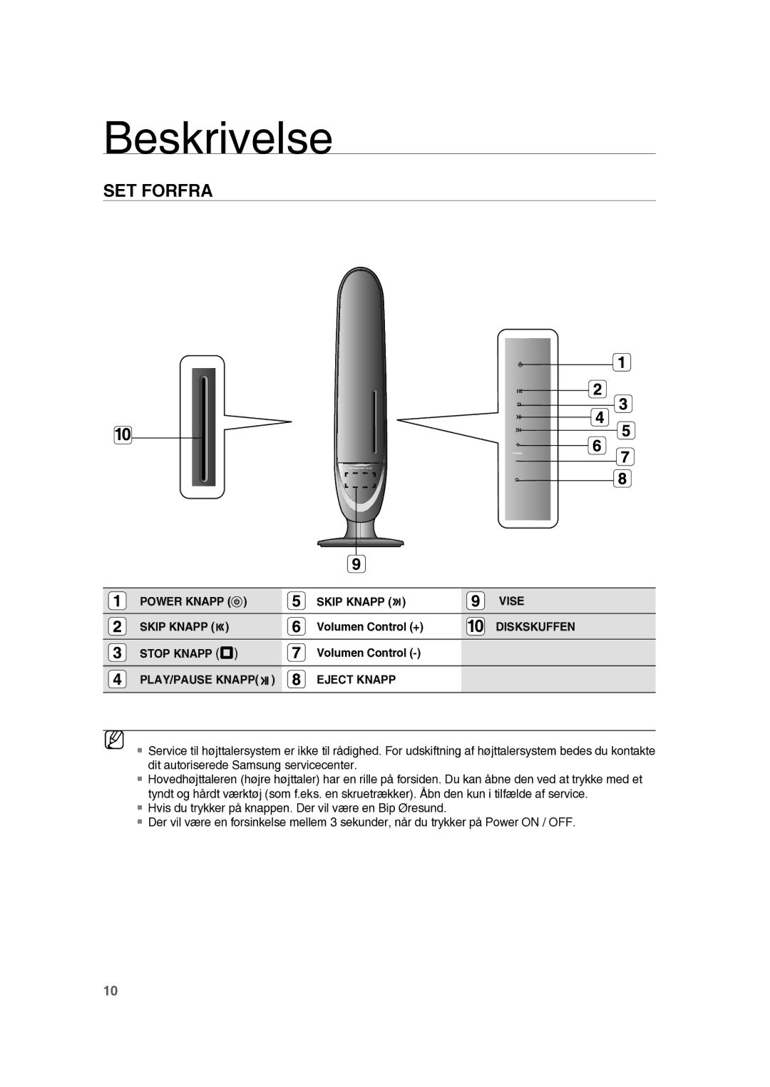 Samsung RTS-HE10T/XEE manual Beskrivelse, SET Forfra, Power Knapp Skip Knapp Vise, Diskskuffen, Stop Knapp 