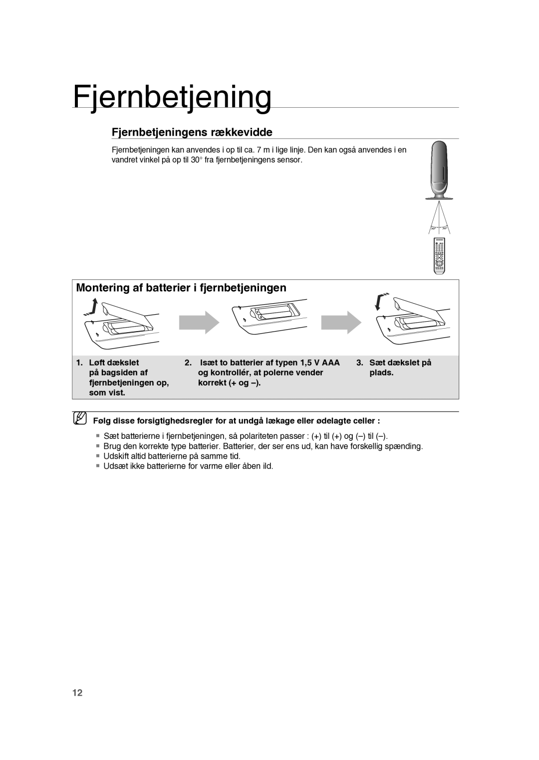 Samsung RTS-HE10T/XEE manual Fjernbetjeningens rækkevidde, Montering af batterier i fjernbetjeningen 