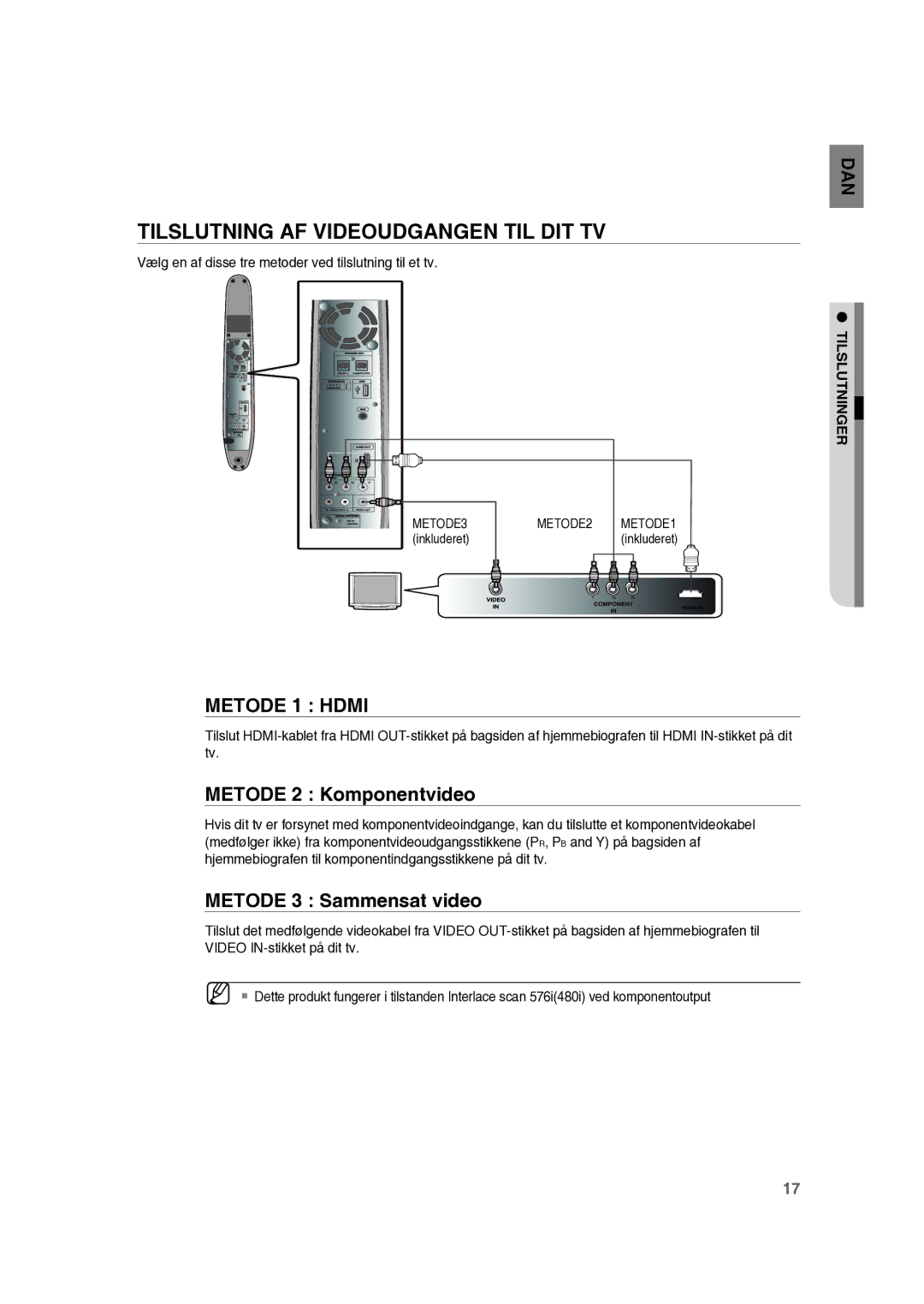 Samsung RTS-HE10T/XEE manual Tilslutning AF Videoudgangen TIL DIT TV, Metode 2 Komponentvideo, Metode 3 Sammensat video 