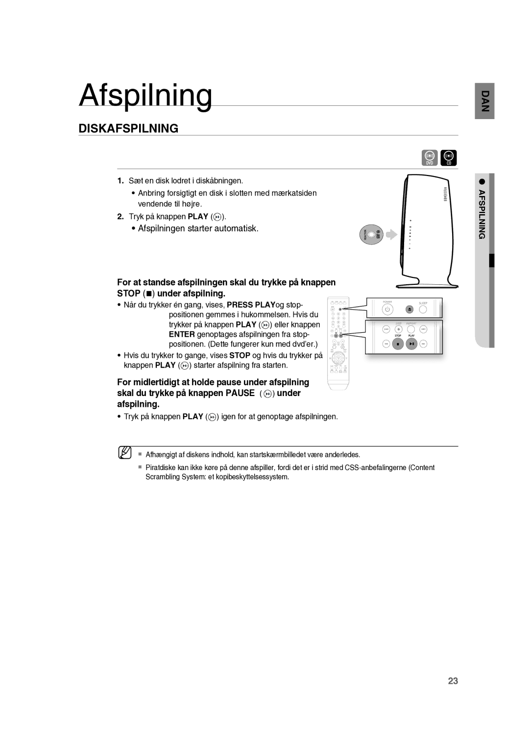 Samsung RTS-HE10T/XEE manual Diskafspilning, Tryk på knappen Play igen for at genoptage afspilningen 