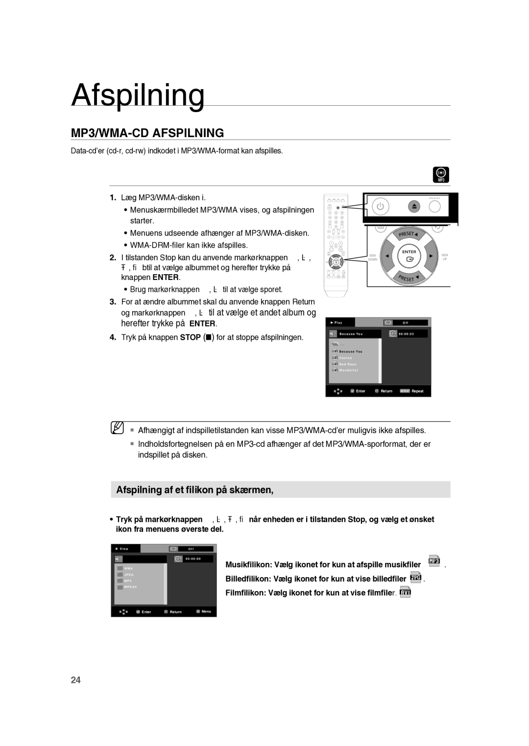 Samsung RTS-HE10T/XEE manual Afspilning af et ﬁlikon på skærmen 