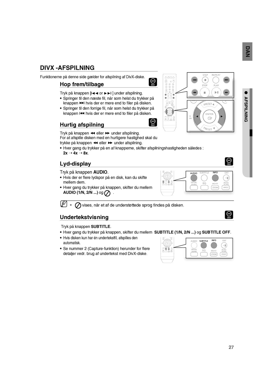 Samsung RTS-HE10T/XEE manual Divx -AFSPILNING, Hop frem/tilbage, Hurtig afspilningD, Lyd-display, Undertekstvisning 