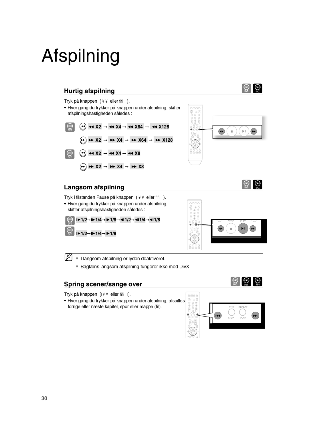 Samsung RTS-HE10T/XEE manual Hurtig afspilning, Langsom afspilning, Spring scener/sange over 