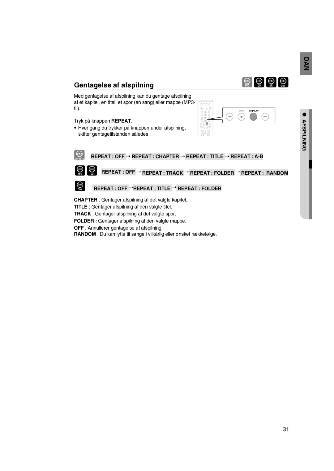 Samsung RTS-HE10T/XEE manual Gentagelse af afspilning 