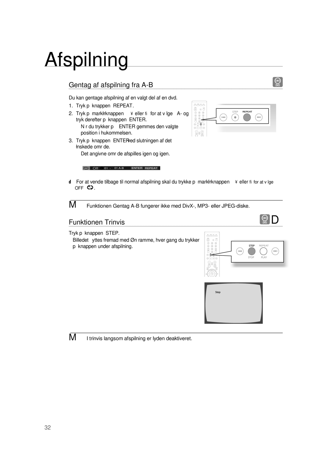 Samsung RTS-HE10T/XEE manual Gentag af afspilning fra A-B, Funktionen Trinvis 