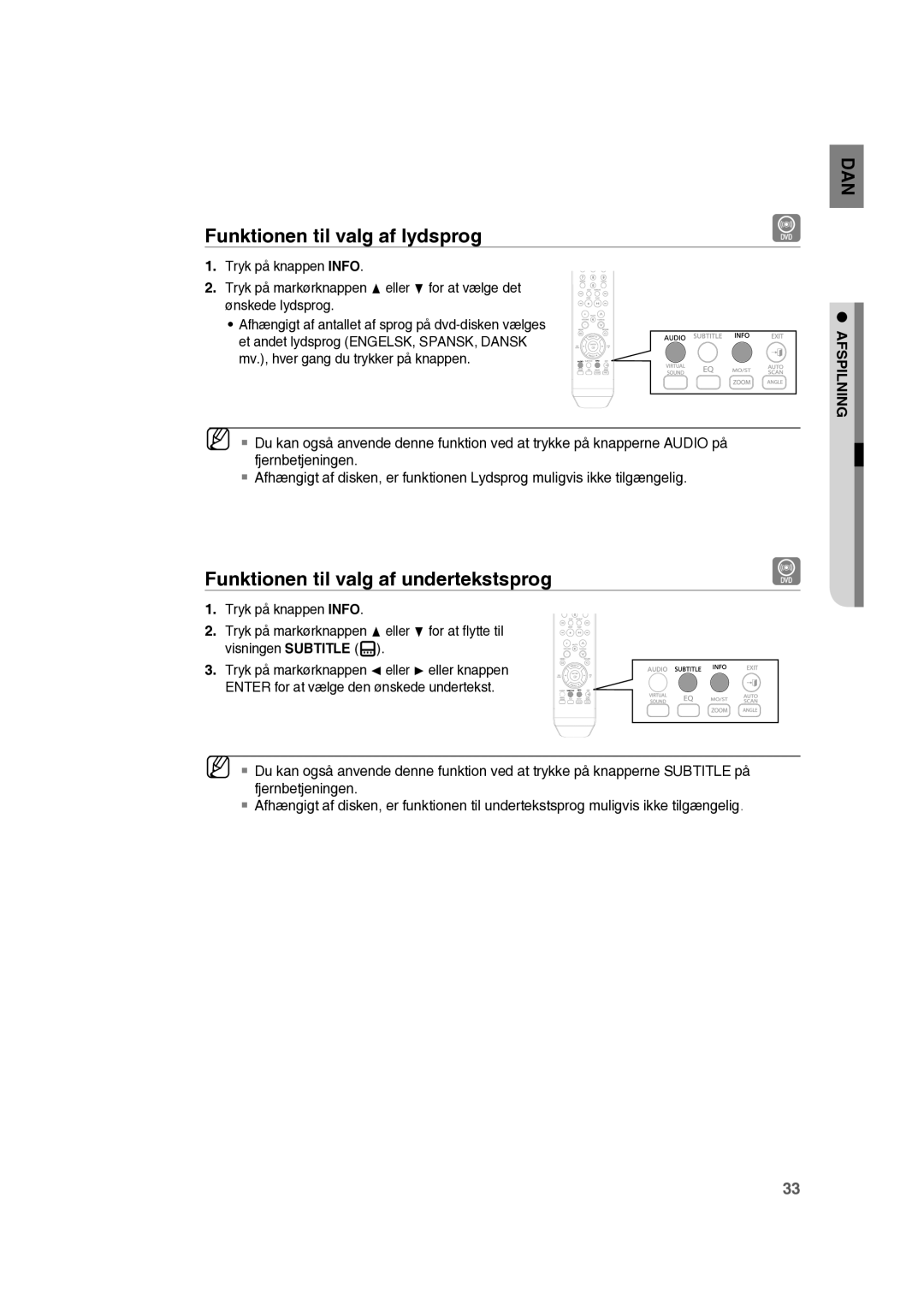 Samsung RTS-HE10T/XEE manual Funktionen til valg af lydsprog, Funktionen til valg af undertekstsprog 