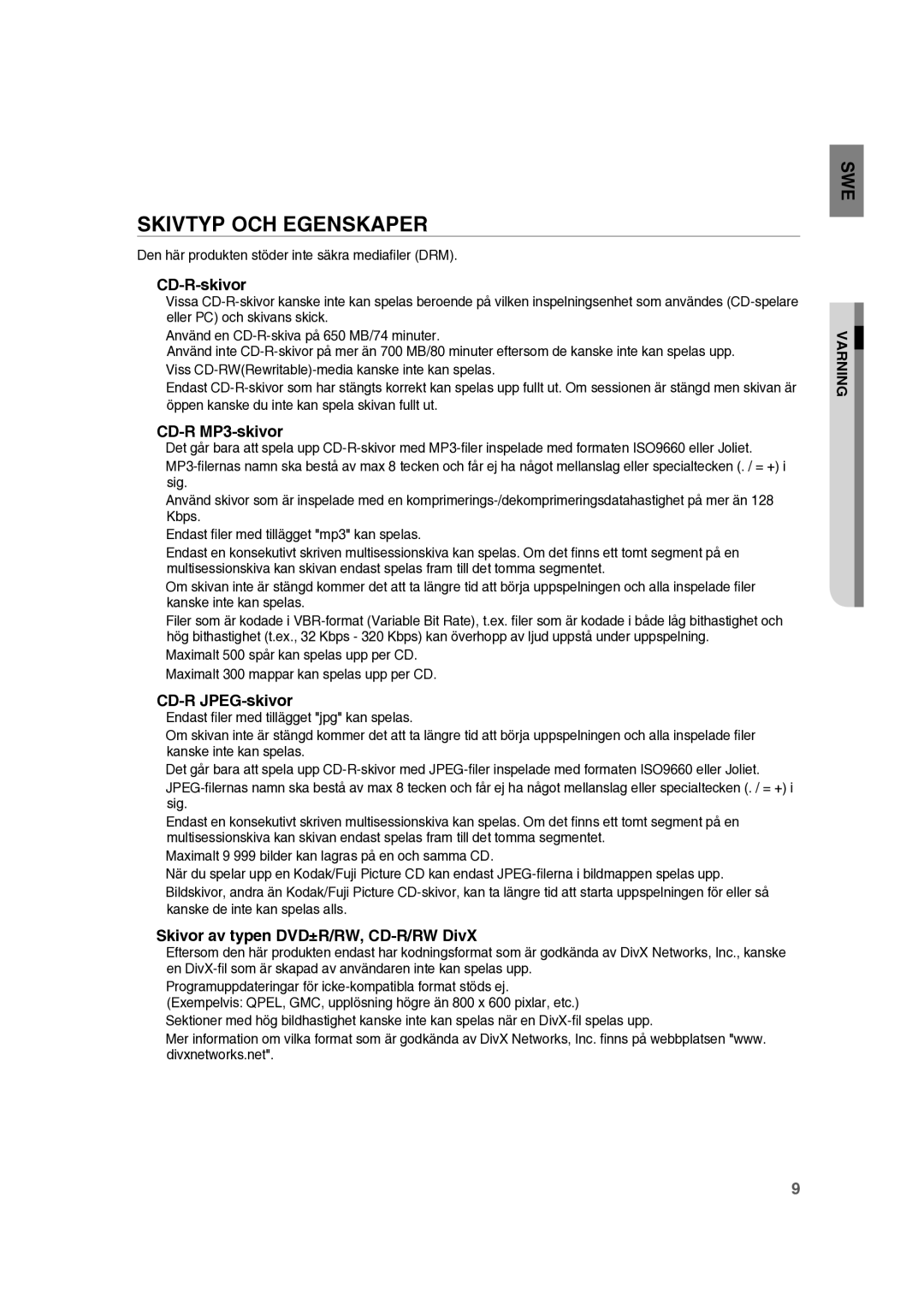 Samsung RTS-HE10T/XEE manual Skivtyp OCH Egenskaper, CD-R-skivor, CD-R MP3-skivor, CD-R JPEG-skivor 