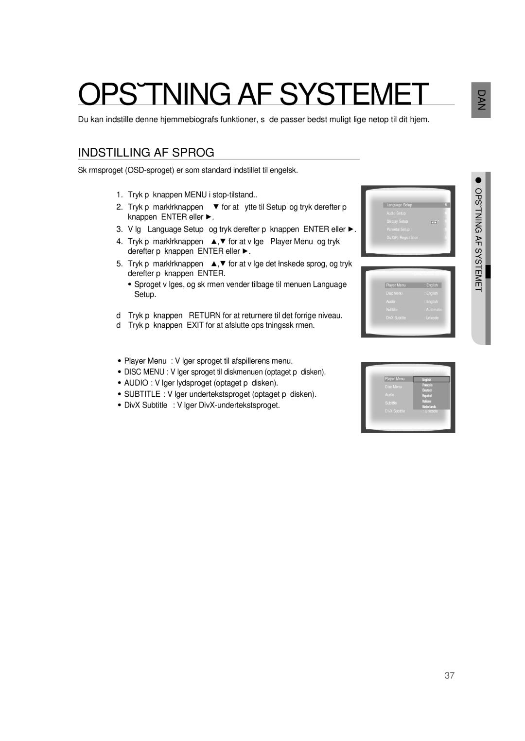 Samsung RTS-HE10T/XEE manual Indstilling AF Sprog, Player Menu Vælger sproget til afspillerens menu, Opsætning AF Systemet 