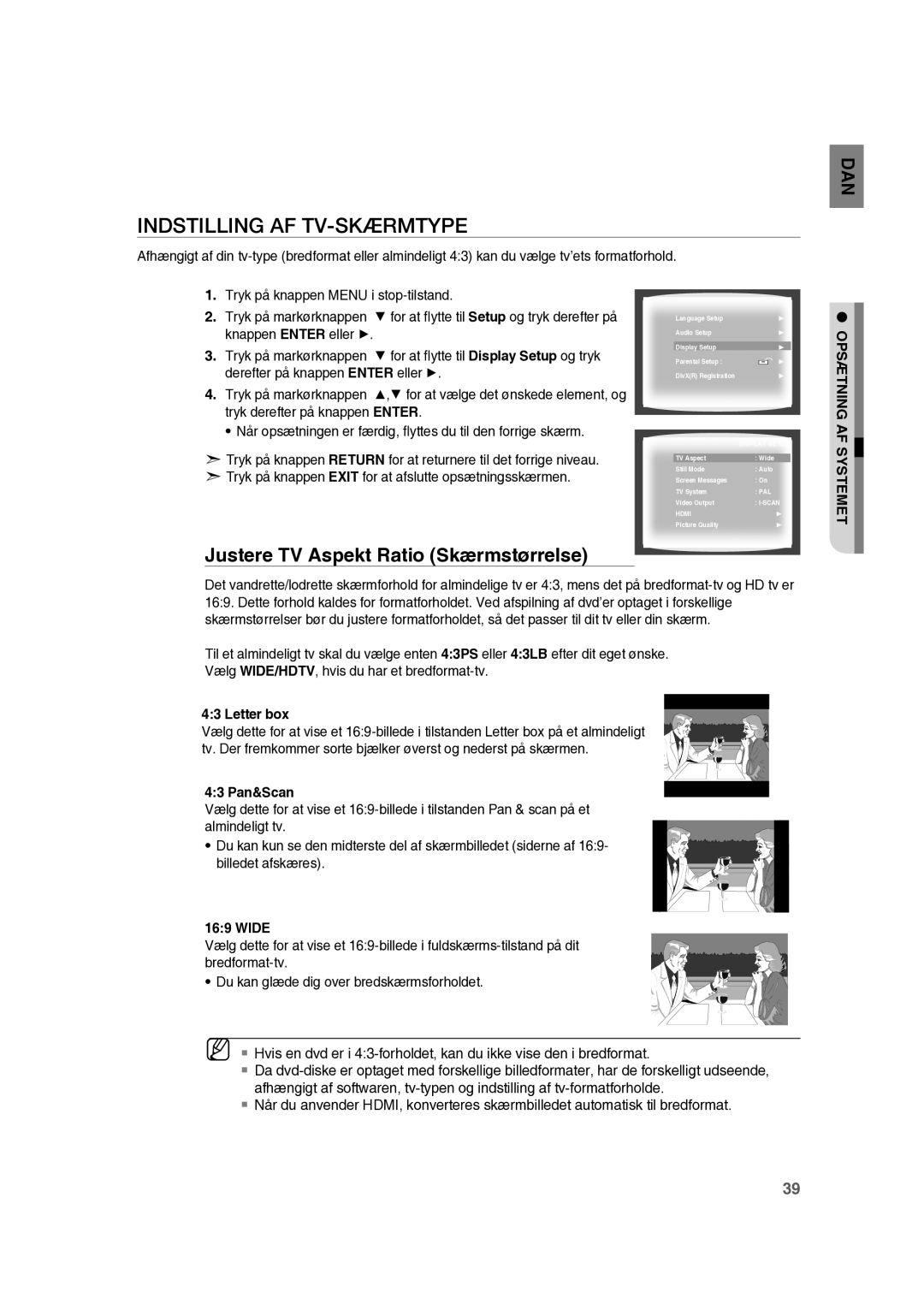 Samsung RTS-HE10T/XEE manual Indstilling AF TV-SKÆRMTYPE, Justere TV Aspekt Ratio Skærmstørrelse 