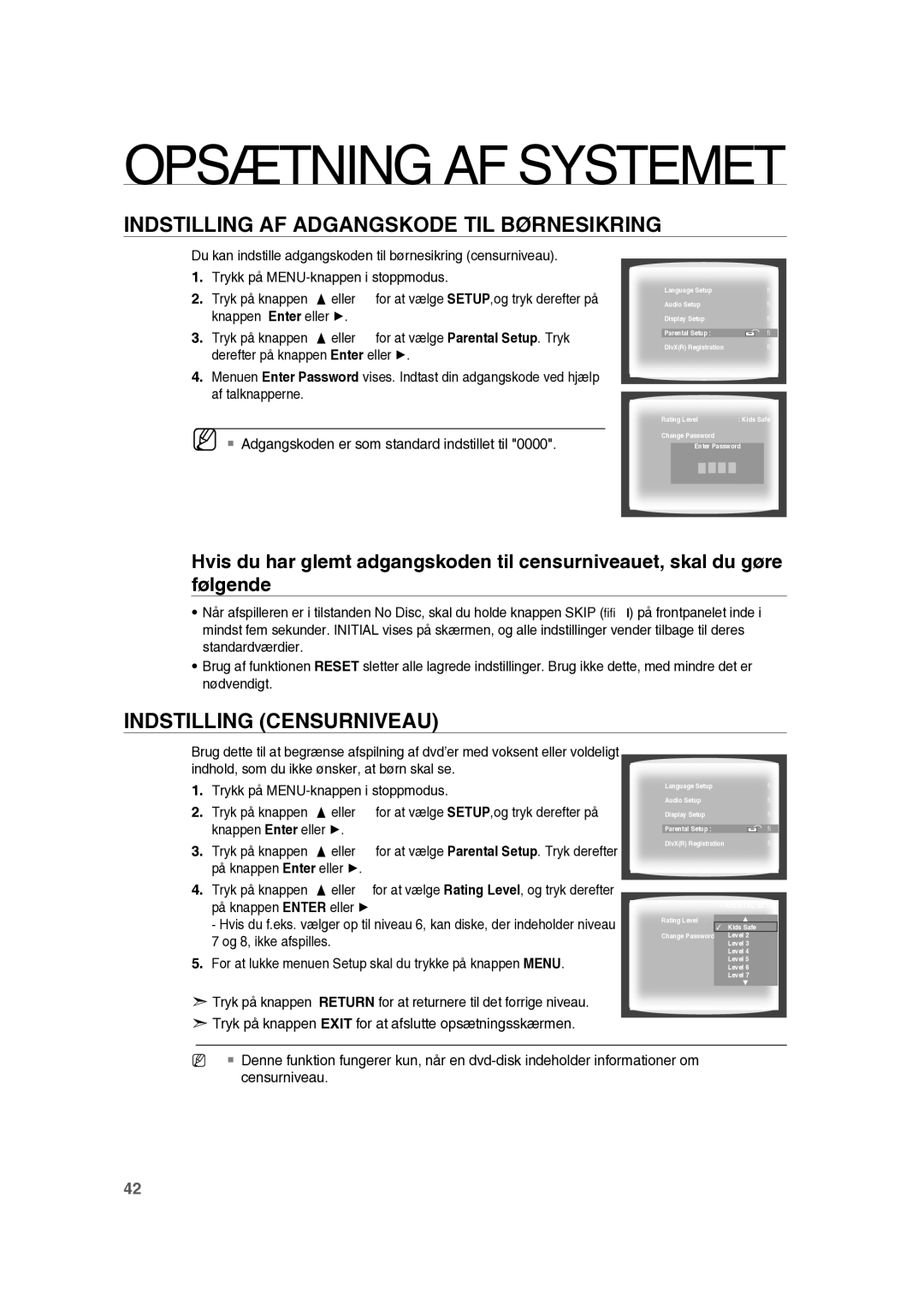 Samsung RTS-HE10T/XEE manual Indstilling AF Adgangskode TIL Børnesikring, Indstilling Censurniveau 