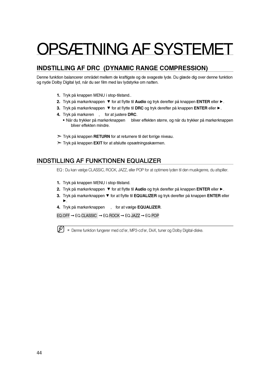 Samsung RTS-HE10T/XEE manual Indstilling AF DRC Dynamic Range Compression, Indstilling AF Funktionen Equalizer 