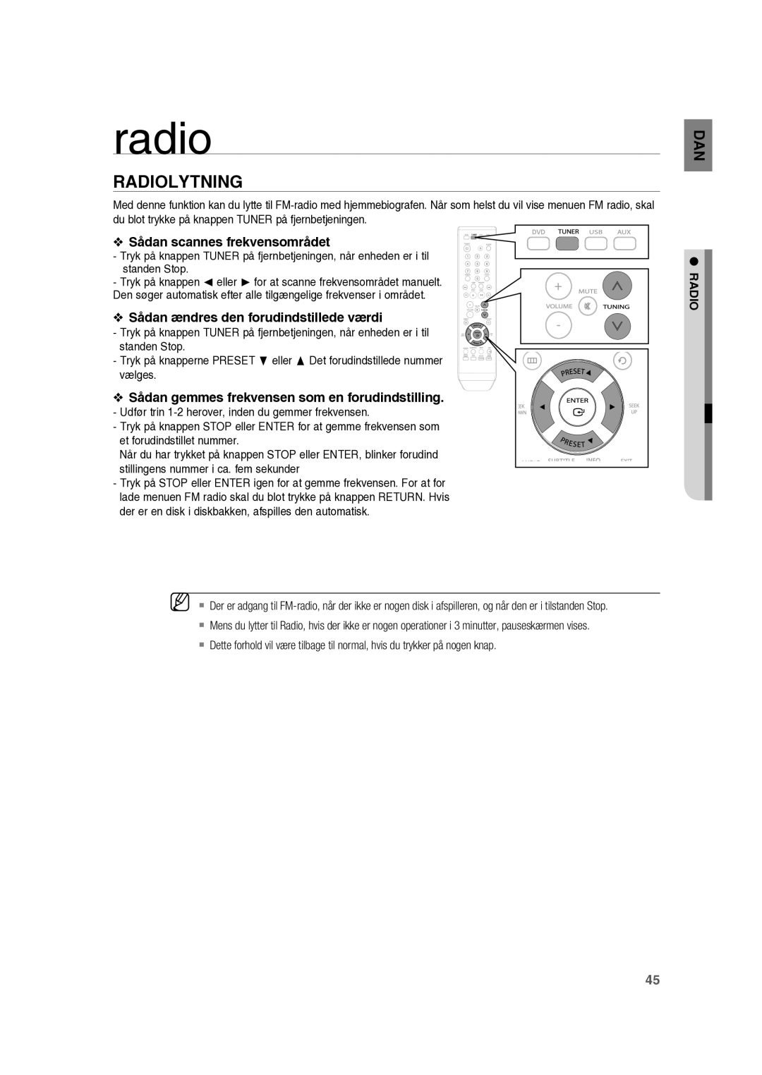 Samsung RTS-HE10T/XEE manual Radiolytning, Sådan scannes frekvensområdet, Sådan ændres den forudindstillede værdi 