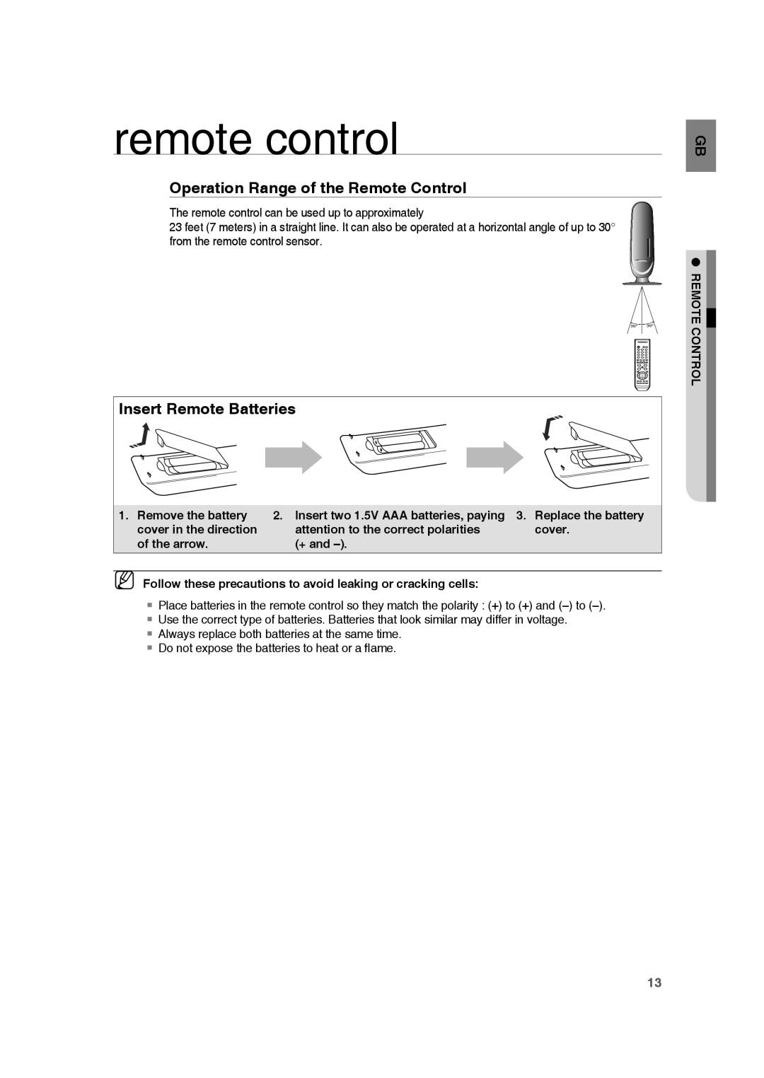 Samsung RTS-HE10T/XEF manual Remote control, Operation Range of the Remote Control, Insert Remote Batteries 