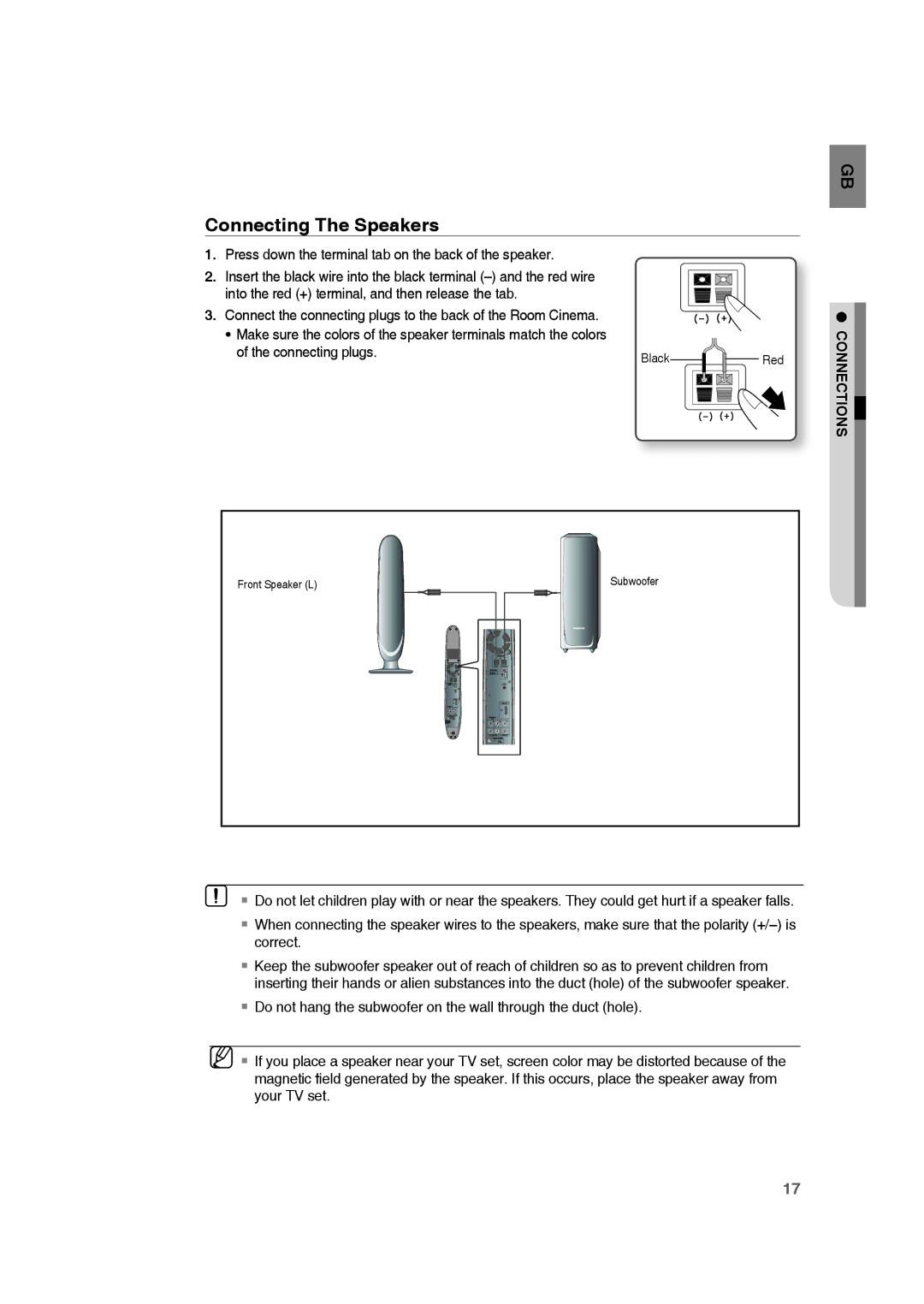 Samsung RTS-HE10T/XEF manual Connecting The Speakers, Press down the terminal tab on the back of the speaker 