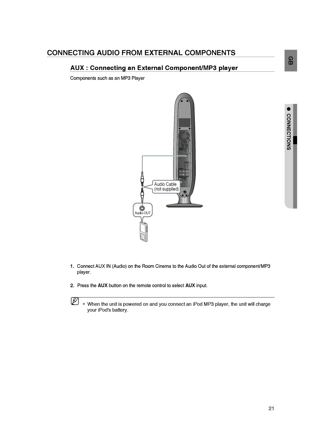 Samsung RTS-HE10T/XEF manual Connecting Audio from External Components, AUX Connecting an External Component/MP3 player 