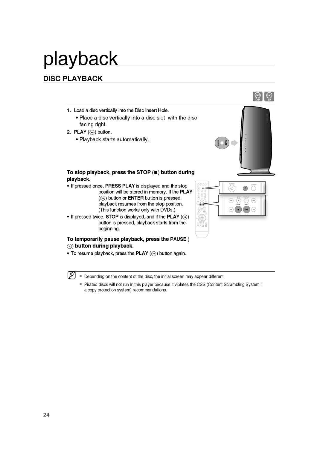 Samsung RTS-HE10T/XEF manual Disc Playback 