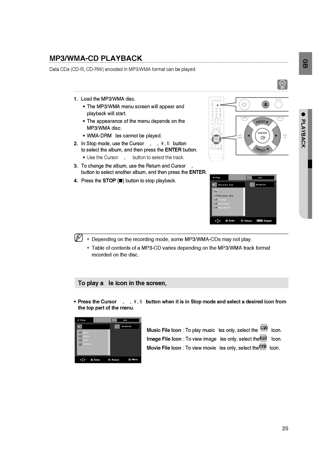 Samsung RTS-HE10T/XEF manual MP3/WMA-CD Playback, Use the Cursor †, π button to select the track 