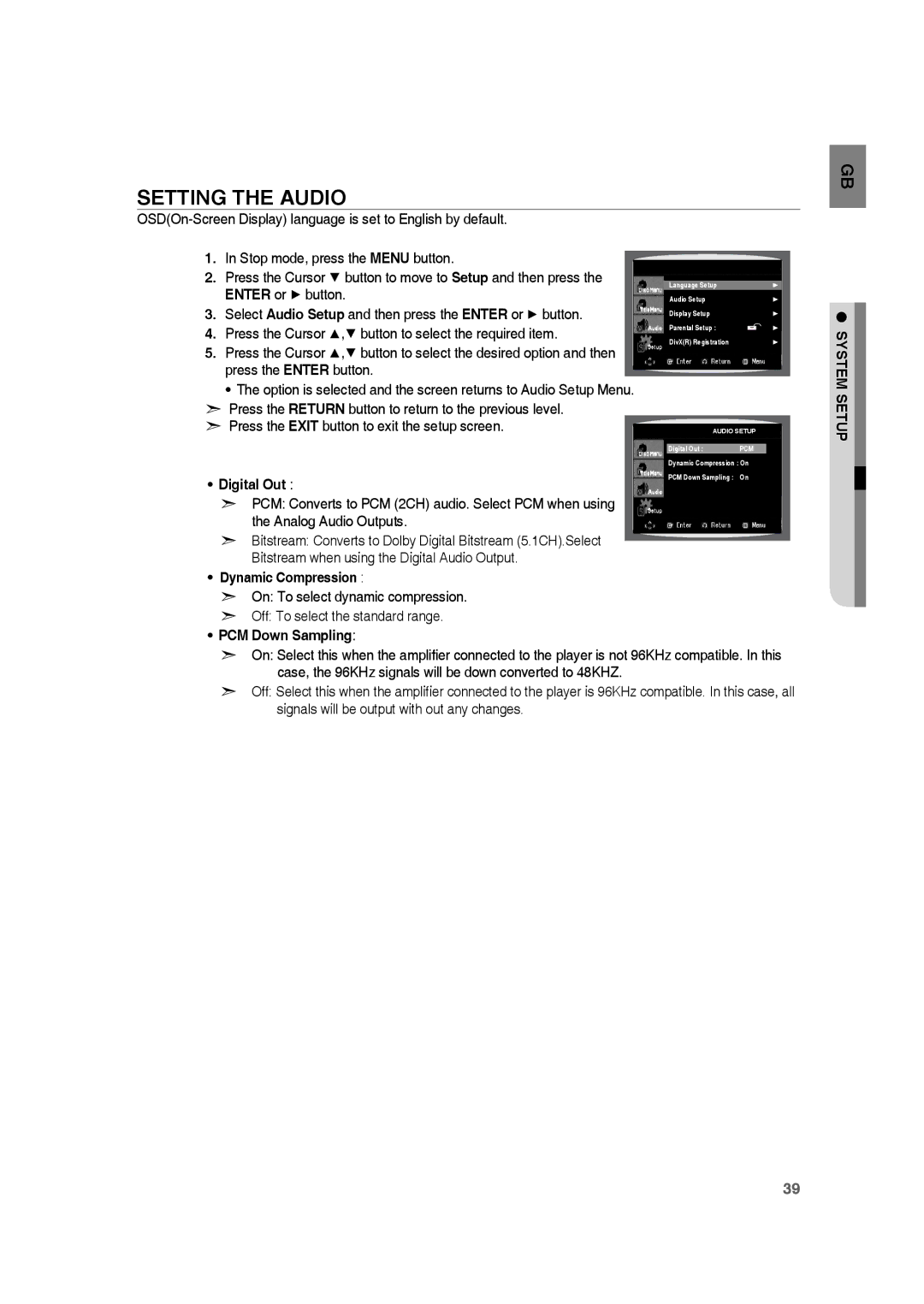 Samsung RTS-HE10T/XEF manual Setting the Audio, Digital Out, Dynamic Compression, PCM Down Sampling 