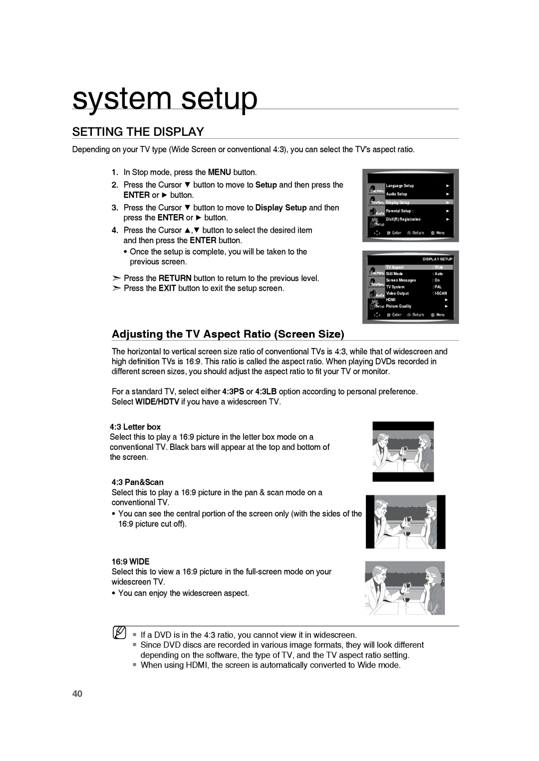 Samsung RTS-HE10T/XEF manual Adjusting the TV Aspect Ratio Screen Size, Letter box, 43 Pan&Scan, Wide 