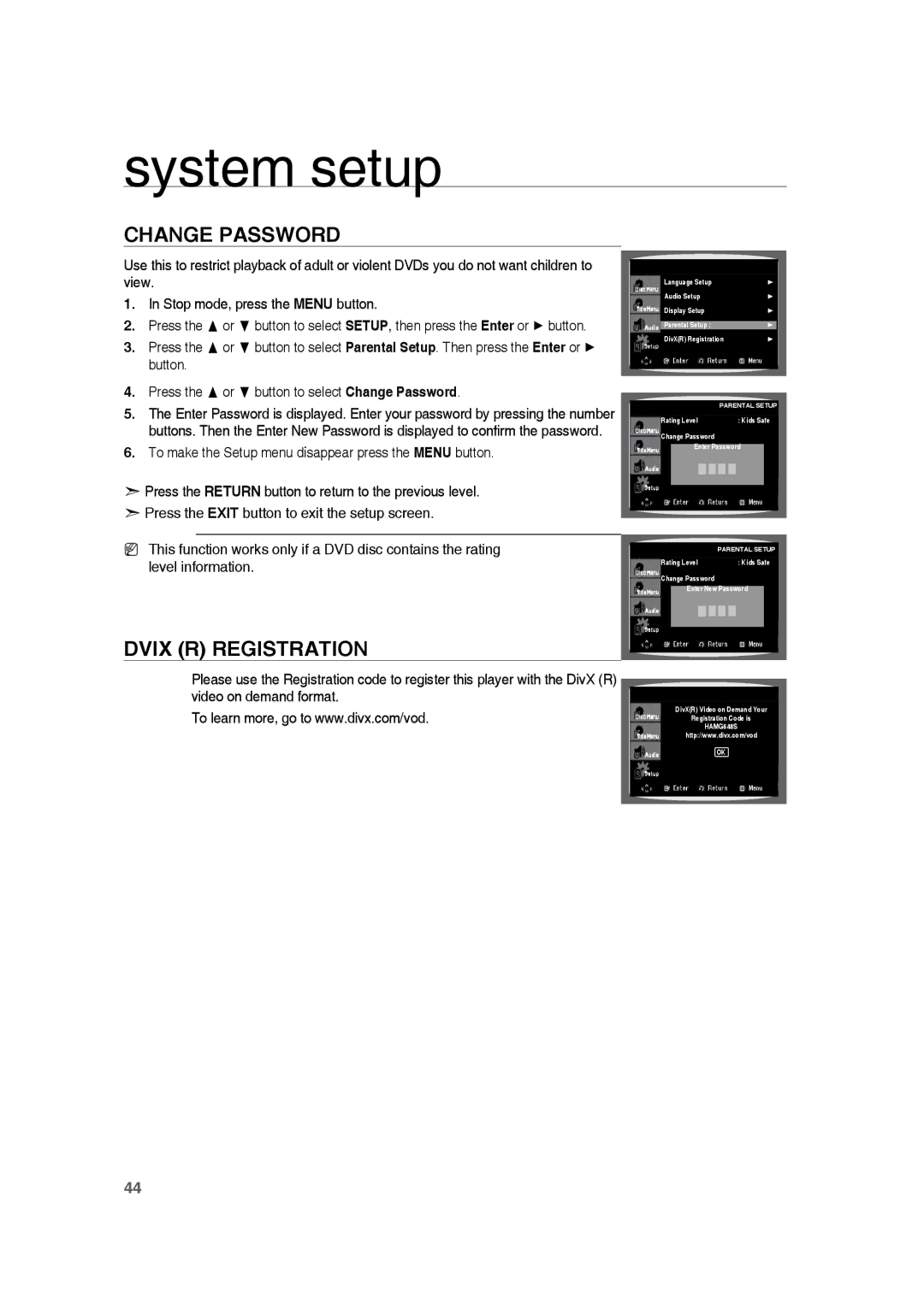 Samsung RTS-HE10T/XEF manual Change Password, Dvix R Registration 