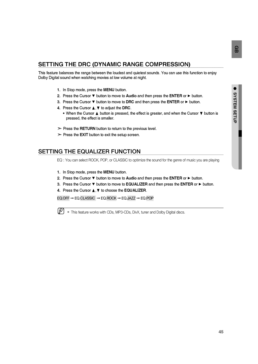 Samsung RTS-HE10T/XEF manual Setting the DRC Dynamic Range Compression, Setting the Equalizer Function 