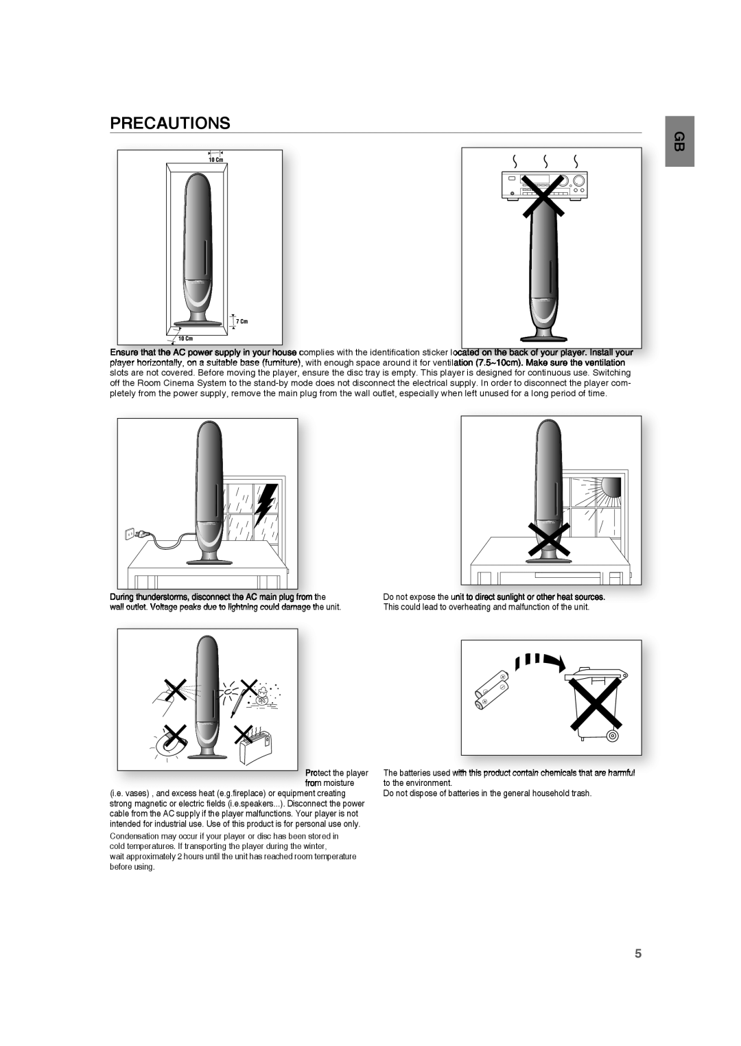 Samsung RTS-HE10T/XEF manual Precautions, Protect the player from moisture 