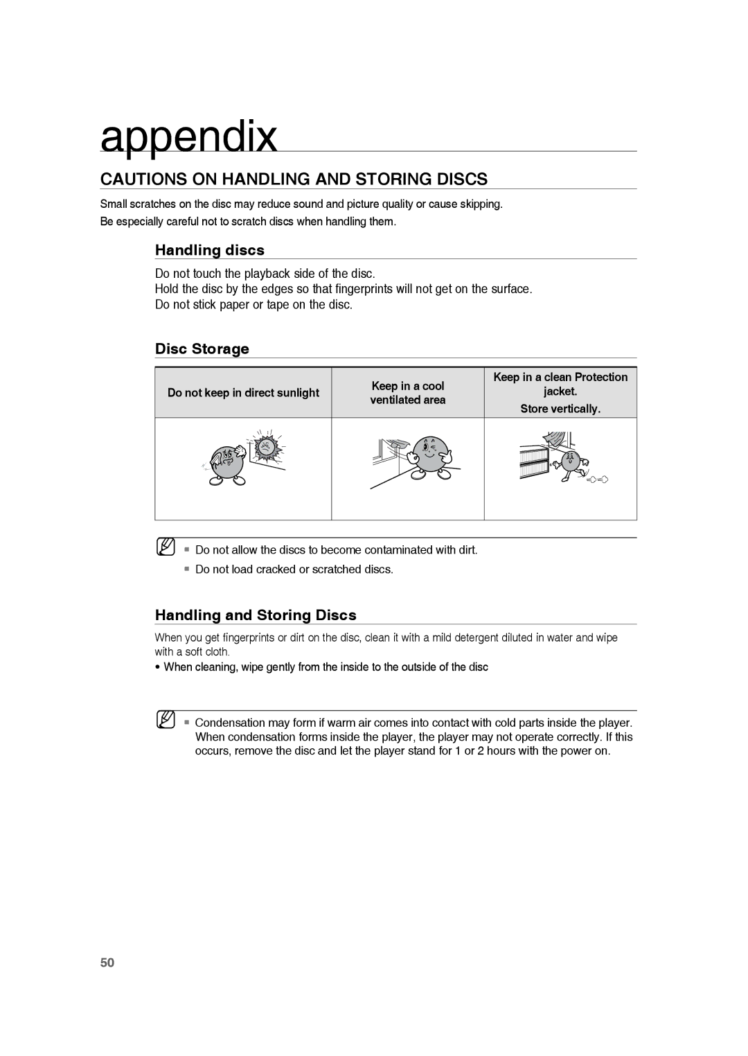 Samsung RTS-HE10T/XEF manual Appendix, Handling discs, Disc Storage, Handling and Storing Discs 